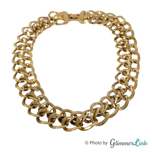 Vintage 80s Monet Double Link Curb Chain Gold Tone Necklace - Picture 1 of 11